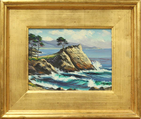 Painting, Marie Ware, Lone Cypress: Framed oil on canvas board, ''Lone Cypress,'' by Marie Ware, signed ''Marie Ware'' lower right, inscribed verso, label affixed verso, sight: 8.75''h x 11.75''w, overall: 16.375''h x 19.5''w