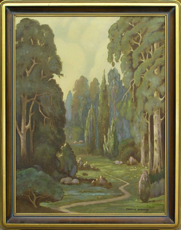 Painting, Francis John McComas (attrib.): Framed oil on board, Path Through the Trees, by to Francis John McComas (Californian, 1875-1938), signed lower right, sight: 23.5''h x 17.5''w, overall: 27''h x 21''w.