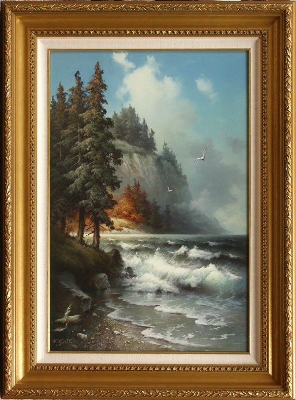 Painting, Eugene Garin, Tranquility Bay: Framed oil on canvas, ''Tranquility Bay,'' by Eugene Garin (Russian/American 1922-1994), signed and dated ''E. Garin '87'', 1987, sight: 35.5''h x 23.75''w, overall: 47''h x 35''w.
