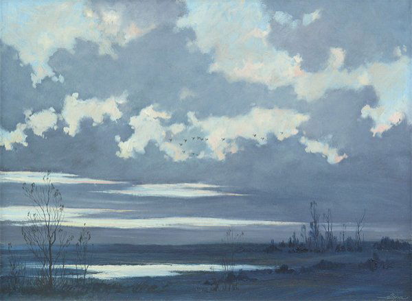 Painting, Eric Sloane, Clouds over Marshes: Framed oil on Masonite, ''Clouds over Marshes,'' by Eric Sloane (American, 1905-1985), signed ''Sloane'' and bearing inscription lower right, sight: 17.375''h x 23.25''w, overall: 23''h x 29.125''w. P