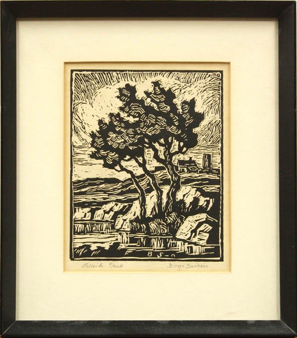 Print, Birger Sandzen, Hillside Creek: Framed woodblock print, ''Hillside Creek,'' by Birger Sandzen (Swedish/American 1871-1954), pencil signed ''Birger Sandzen'' lower right, titled lower left, sight: 6.25''h x 4.75''w, overall: 10.25''h