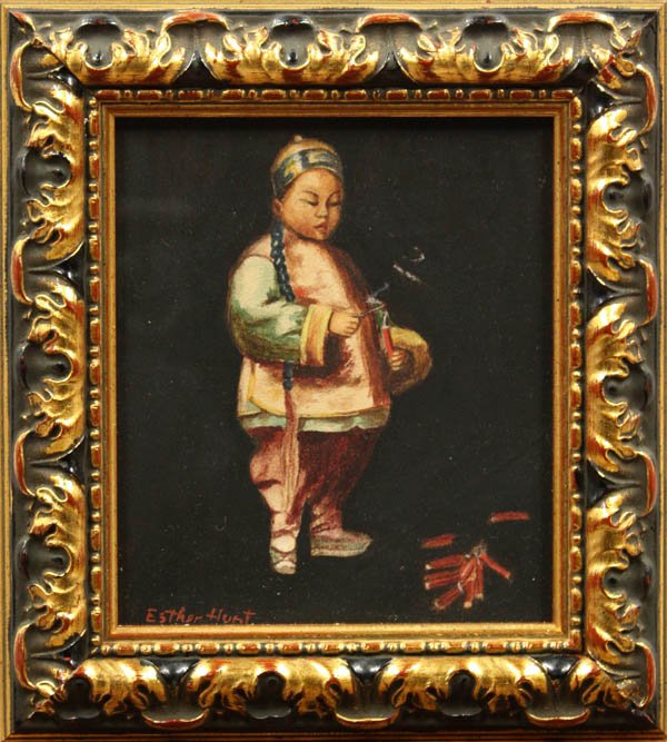 Painting, Esther Hunt, Chinese Boy Firecracker: Framed watercolor, ''Chinese Boy Lighting Firecracker,'' by Esther Anna Hunt (Californian, 1875-1951), signed ''Esther Hunt'' lower left sight: 8''h x 7''w, overall: 11.5''h x 10.5''w.