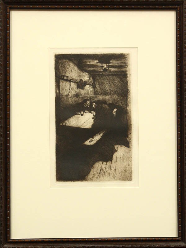 Etching, Kathe Kollwitz, Beratung, Advice: Framed restrike etching with drypoint, ''Beratung,'' by Kathe Kollwitz (German, 1867-1945), unsigned, blind stamped ''AvdBECKE MUENCHEN-22'' lower right, label affixed verso, plate: 11.7''h x 7.1''w, 