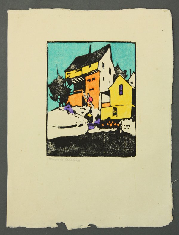 Print, Frank Cuprien, Cypress, Houses: (lot of 2) Unframed color woodblock prints, both by Frank William Cuprien (Californian, 1871-1948): ''Houses at Catalina,'' pencil titled lower left, inscribed ''vs'' lower right, block: 5.125''h x 4'