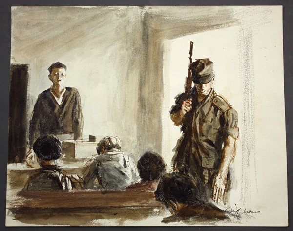 Watercolor, Nicholas Solovioff, Marine, Vietnam: Unframed watercolor and pastel, ''Sgt. Soape, Marine CAC 32, Hamlet School,'' 1967, by Nicholas Solovioff (Russian/American, 1927-1944), signed and inscribed ''Solovioff Vietnam'' lower right, titled 