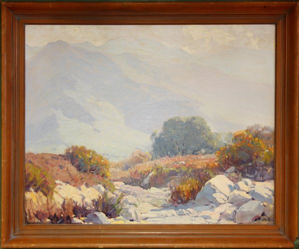 Painting, Hanson Duvall Puthuff, Desert landscape: Framed oil on canvas, ''Silver Veiled Horizon,'' by Hanson Duvall Puthuff (Californian, 1875-1972), signed ''H. Puthuff.'' lower right, titled and inscribed verso, sight: 23.625''h x 29.5''w, overall: