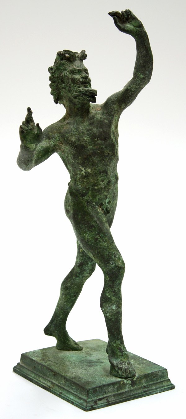 Italian patinated bronze sculpture: Italian patinated bronze sculpture of a Dancing Satyr, foundry mark on underside ''Fonderia De Luca Napoli'' 12''h