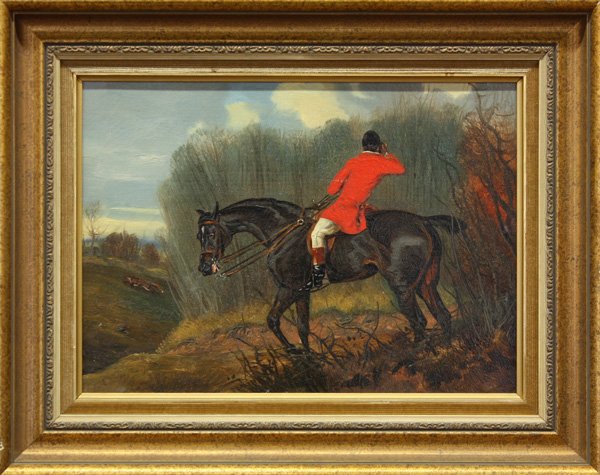 Painting, Fox Hunting Scenes: (lot of 2) Framed oils on board, Mounted Fox Hunters, each signed indistinctly (A.W-) lower left, each sight: 8.5''h x 11.75''w, each overall: 12.75''h x 16''w