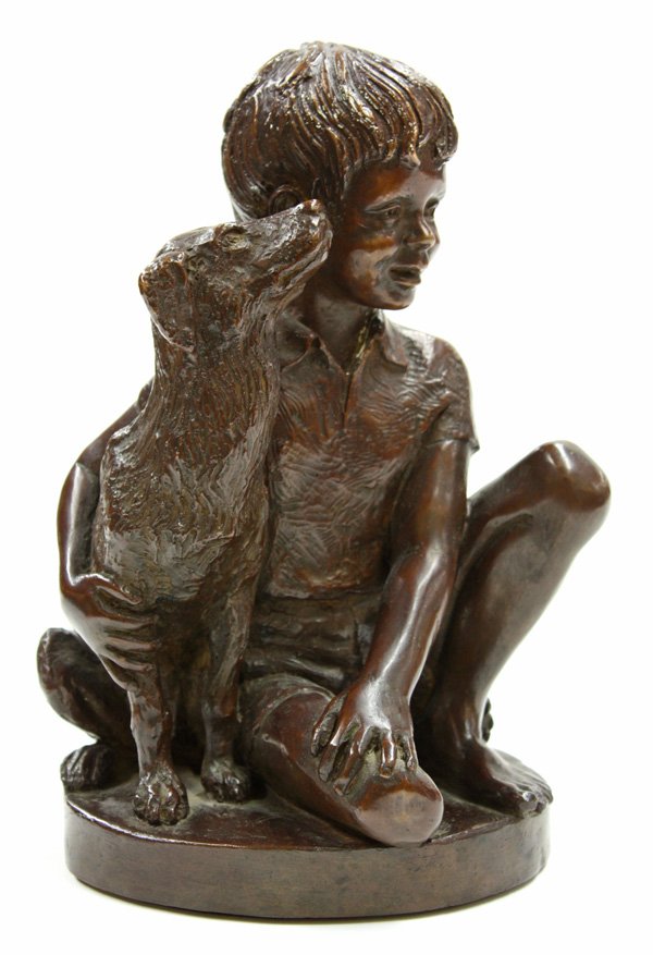 Bronze sculpture ''Boy With Dog'': Bronze sculpture, ''Boy With Dog,'' 1974, by Charles Cropper Parks (American, b. 1922), signed and dated ''Parks 74'' on base, plaque affixed on underside of base, overall: 9''h