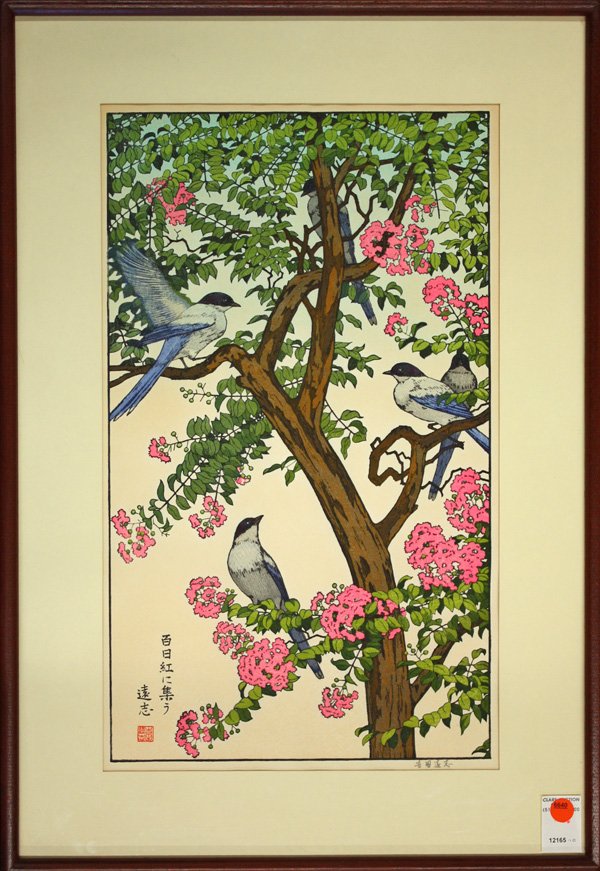 Two Japanese Large Prints, Toshi Yoshida: (Lot of 2) Framed pair of Japanese large modern woodblock bird-and-flower prints, by Toshi Yoshida (1911-1995), each signed and sealed Toshi and signed in pencil Yoshida Toshi [in Japanese] lower righ