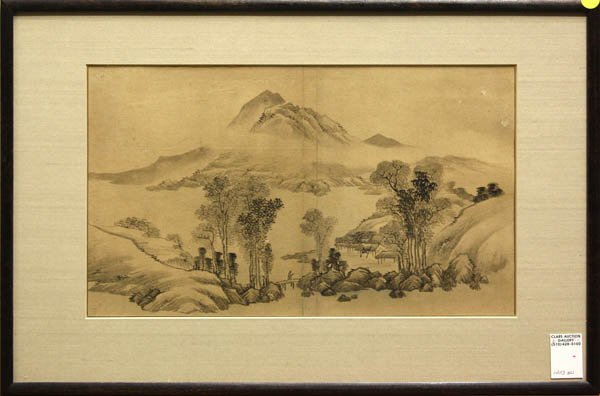 Framed Literati School Landscape Painting: Framed Asian Literati painting, Landscape with Figure, depicting a rustic village near a river bordered by misty mountains, probably from an album, ink on paper (center creases), overall 15.75'' x 23.