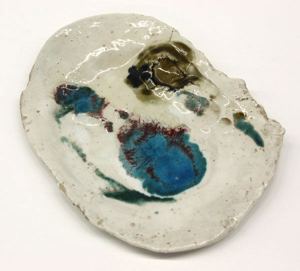 Contemporary studio art pottery plaque: Contemporary studio art pottery plaque, signed 'Adair '75' to base (possibly Ann Adair, wife to Peter Voulkos), with abstract polychrome decoration on an off-white background, 9.5''h x 12''w