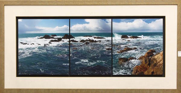 Photographs, D. Kohn, Northern Calif Coast: Framed triptych of color photographs mounted on foam core, Panoramic View of the Northern California Coast, signed ''D. Kohn'' lower left, American, Contemporary, edition 23/100, sight: 18.625''h x 48