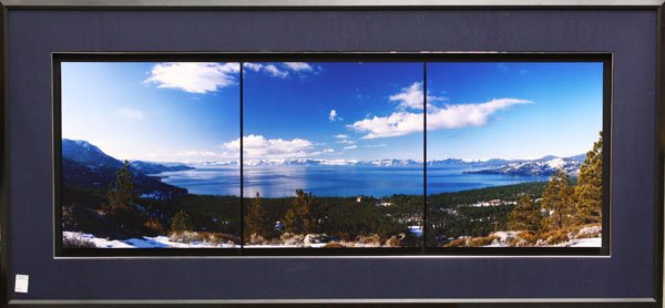 Photographs, D. Kohn, Lake Tahoe: Framed triptych of color photographs mounted on foam core, Panoramic View of Lake Tahoe, signed ''D. Kohn'' lower left, American, Contemporary, edition 57/150, sight: 18.875''h x 55''w, overall: 31.5'