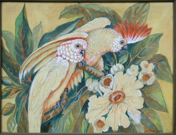 watercolor, Jessie Botke (attrib.), Cockatoos: Framed watercolor, Crested Cockatoos, attributed to Jessie Hazel Arms Botke (Californian, 1883-1971), signed ''Jessie Arms Botke'' lower right, sight: 19.5''h x 25.625''w, overall: 29''h x 35''w