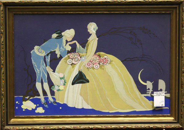 Print, U. Brunelleschi, Kissing Lady's Hand: Framed screen print on paper, A Gentleman Kissing a Lady's Hand, by Umberto Brunelleschi (Italian, b. 1879), signed ''Brunelleschi'' lower right, early 20th century, sight: 12.75''h x 18''w, overall: