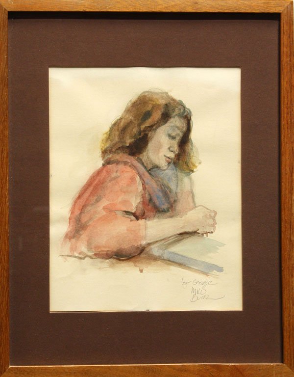 Watercolor, George M. Buck, Woman: Framed watercolor, Portrait of a Woman, by George Milo Buck (Californian, b. 1952), signed in pencil ''George Milo Buck'' lower right, circa 1980, sight: 9.5''h x 7.5''w, overall: 14.75''h x 11.625''w