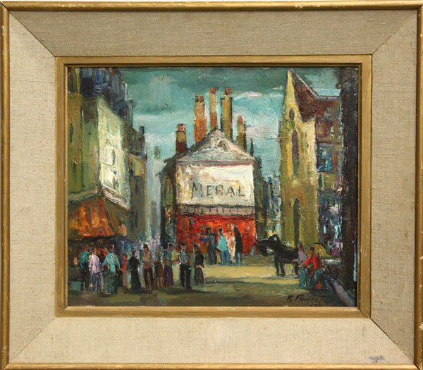 Painting, Raphael Pricert, Rue Mouffetaro Paris: Framed oil on board, ''Rue Mouffetard, Paris,'' by Raphael Pricert (French, 1903-1967), signed lower right, overall: 22.25''h x 25.5''w