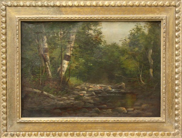 Painting, Birches on the Riverbank: Framed oil on canvas, Birches on the Riverbank, unsigned, overall 19.625''w x 25.75''w
