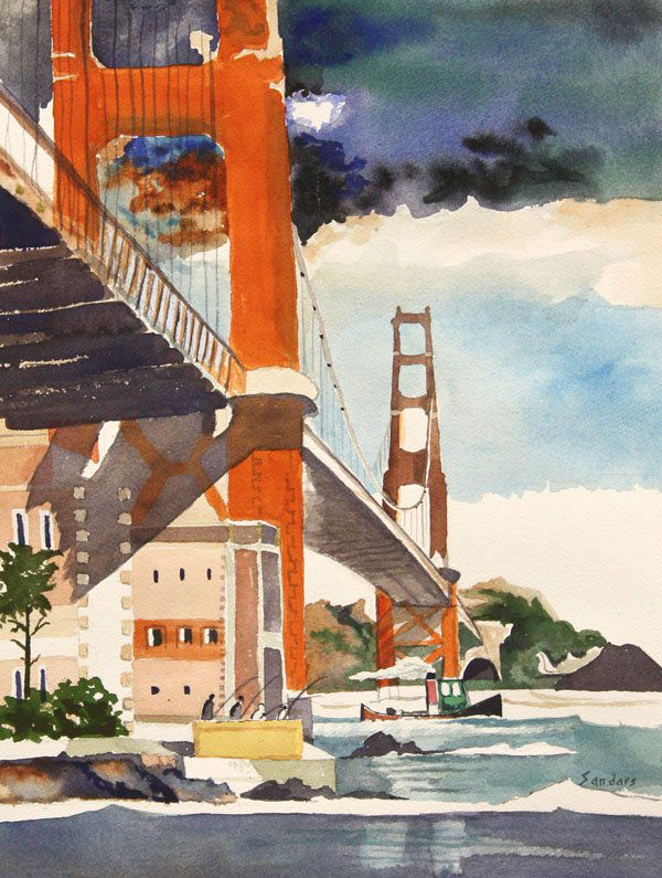 Watercolor, Sandars, Golden Gate Bridge: Unframed watercolor, Golden Gate Bridge from Fort Mason, signed ''Sandars'' lower right, overall: 16''h x 12.125''w