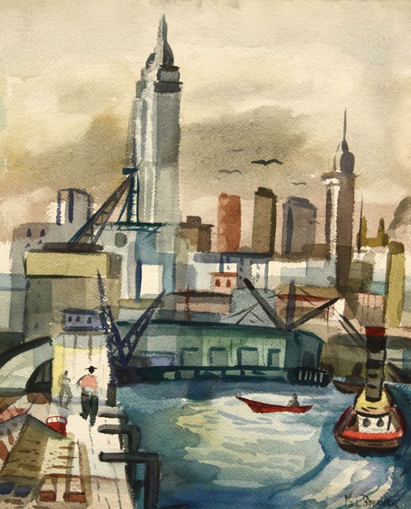 Watercolor, Mel Brenner, Harbor & Facotry Buildin: Unframed double-sided watercolor, Harbor with Cityscape & Factory Building, signed ''Mel Brenner'' lower right, overall: 14.75''h x 18