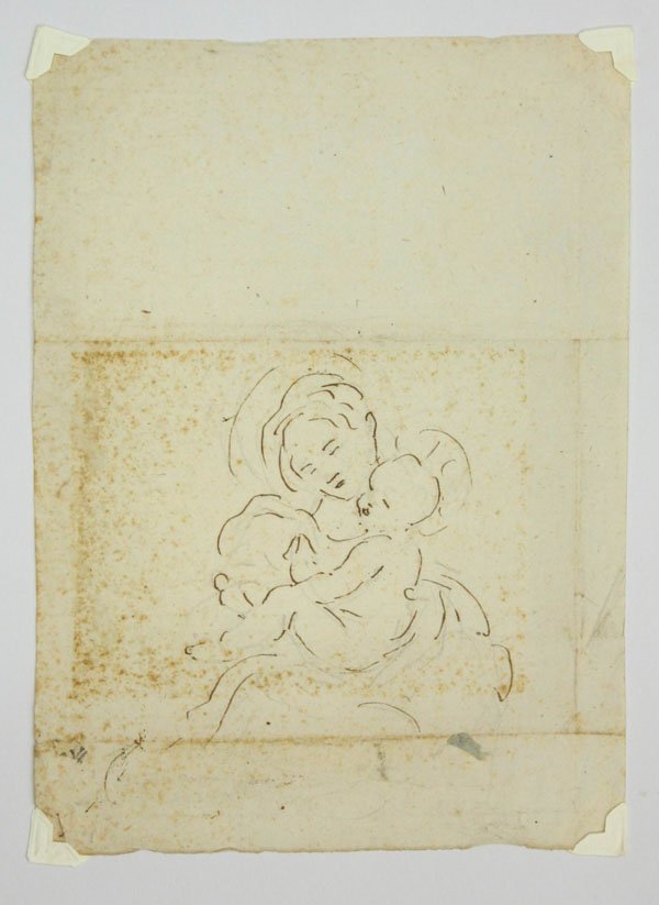 Drawings, Madonna, Venus, Woman with Urn, Monk: (lot of 5) Unframed drawing on watermarked laid paper, Woman with an Urn, in the manner of Peter Paul Rubens (Flemish, 1577-1640), unsigned, sheet: 8.375''h x 8.25''w.; Unframed ink drawing on waterma