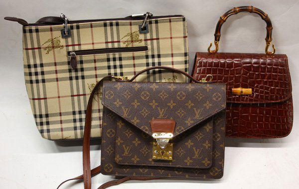Burberry, Louis Vuitton, crocodile bags: (lot of 3)Burberry style plaid handbag having top zipper closure and two shoulder straps, a vintage Susan Gail faux crocodile handbag having single bamboo handle, a Louis Vuitton style monogramed canv