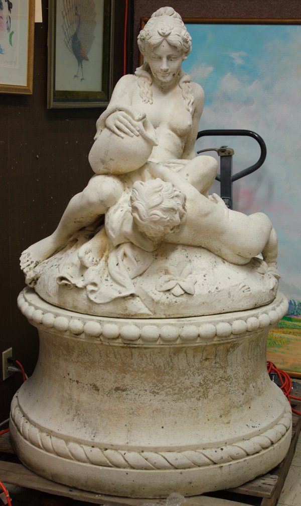 Concrete garden fountain: Concrete garden fountain depicting a classical scene of a woman and child approx. 48''h x 48''d
