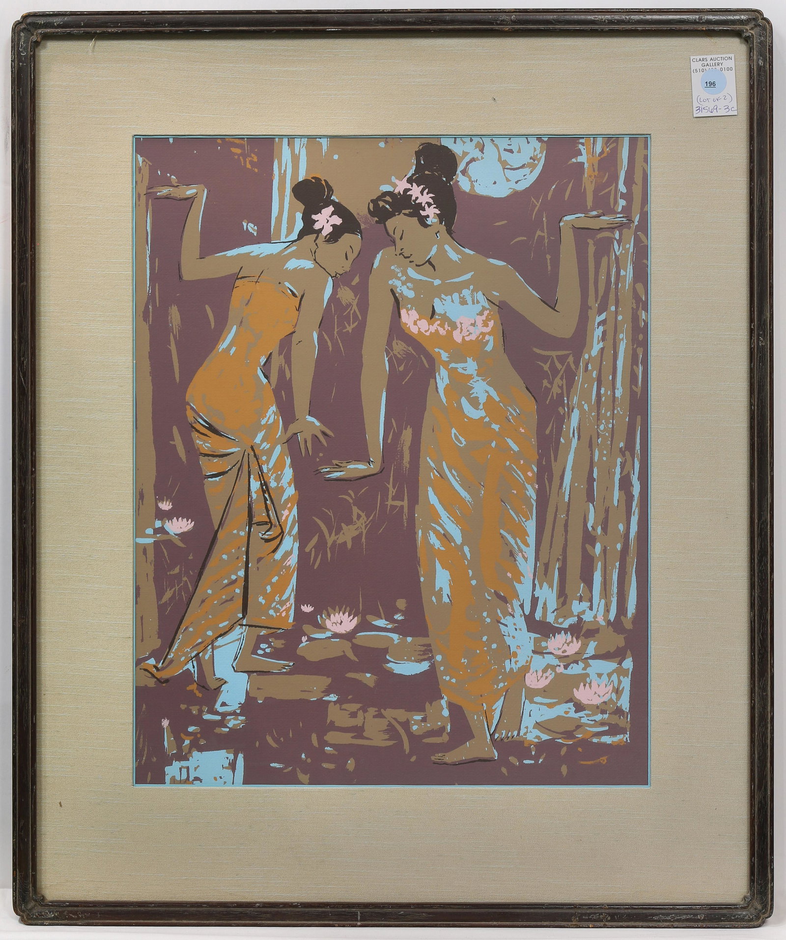 Prints, Millard Sheets: (lot of 2) Millard Sheets (American, 1907-1989), Walking Towards Mosque and Two Pacific Islander Dancers, screenprints, first pencil signed and dated 1954 lower left, largest overall (with frame): 31"