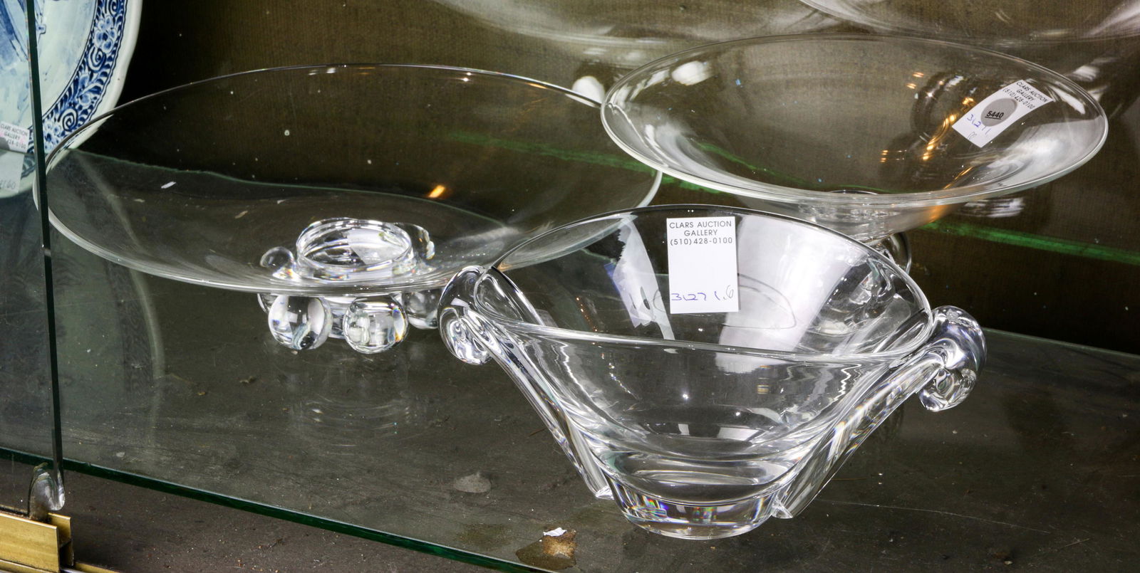 (Lot of 3) Steuben trays and a snail bowl, the largest: (Lot of 3) Steuben trays and a snail bowl, the largest 12.5"d