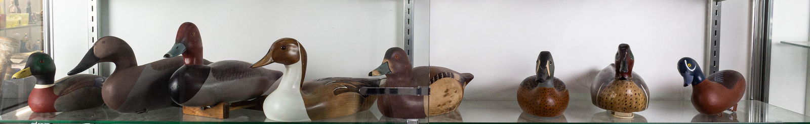 (lot of 8) Painted wood duck decoy group: (lot of 8) Painted wood duck decoy group, makers include Hornick Bros., Canadian Hen by Harry Jobe, Robert Kelly Pintail Drake, a Redhead Hen by Lisa Byrd, a Zack Ward example, largest 6"h x 17"l Prov