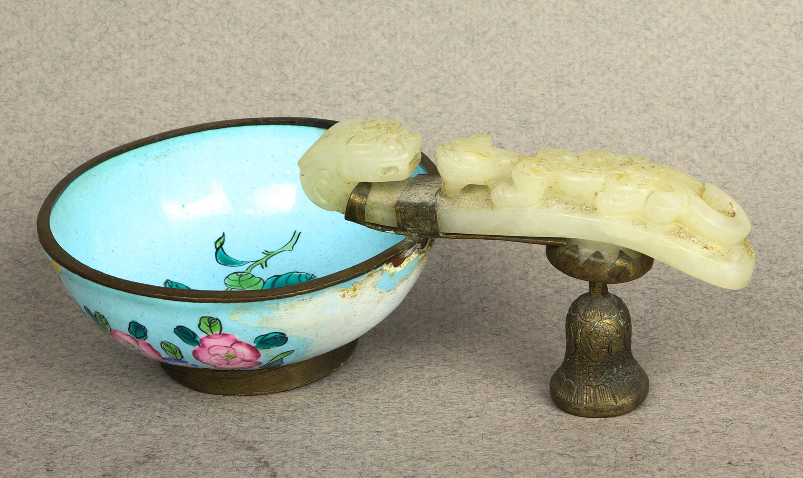 Chinese painted enamel bowl with jadeite belt hook (1 of 1)