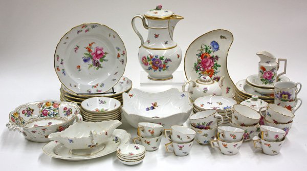 mostly Meissen German Porcelain table service: (lot of 57) Assembled mostly Meissen German Porcelain table service with associated deutscheblumen decorations on white backgrounds, comprising large oval serving platter 20'', serving bowl with scall