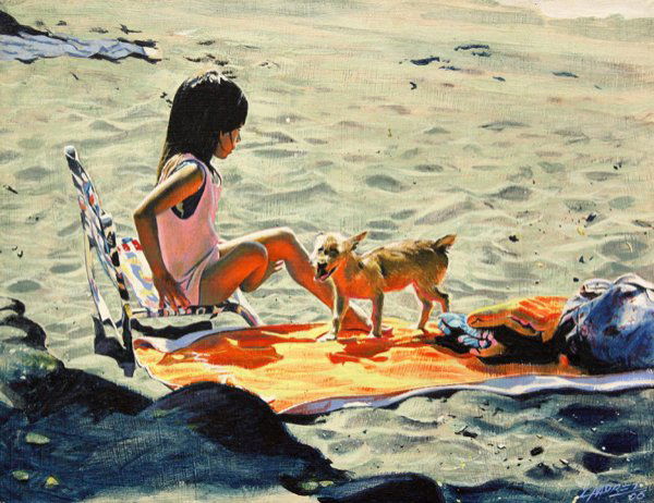 Painting, Larry Morez, Girl on the Beach with Dog: Unframed oil on canvas, Young Girl on the Beach with her Dog (Kona Hawaii), by Larry Morez (Californian, b. 1943), signed and dated ''L. Morez '00'' lower right, 2000, , b.1943), sight 14''h x 18''w.