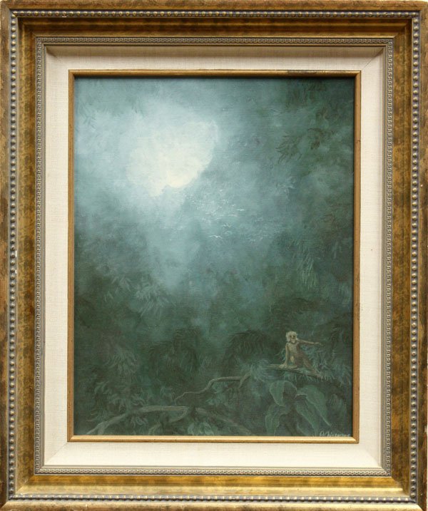 Painting, D. Chiappone, Jungle Scene with Monkey: Framed oil on canvas, Jungle Landscape with Monkey, by D. Chiappone (Californian, 20th century), signed ''D. Chiappone'' lower right, sight: 18''h x 14''w, overall: 24''h x 20''w.