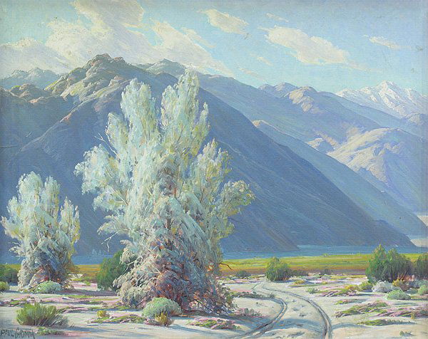 Painting, Paul Grimm, Desert Landscape: Framed oil on canvas, Tracks in the Desert, by Paul Grimm (Californian, 1891-1974), signed ''Paul Grimm'' lower right, sight: 23.625''h x 25.125''w, overall: 25.125''h x 31''w