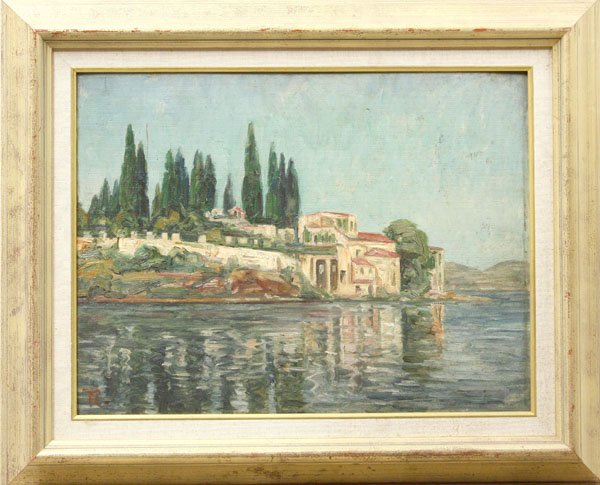 Painting, European, Seaside Village: Framed oil on board, Seaside Village, 20th century, Continental School, monogrammed lower left, sight: 14.5''h x 19.25''w, overall: 21''h x 26''w