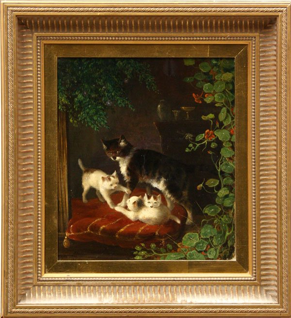 Painting, August Knip, Cats, Kittens, Nasturtiums: Framed oil on canvas, Cat Playing with Kittens, by August Knip (Dutch, 1819-1861), signed ''A. Knip'' lower left, sight: 12''h x 10''w, overall: 17.5''h x 16''w