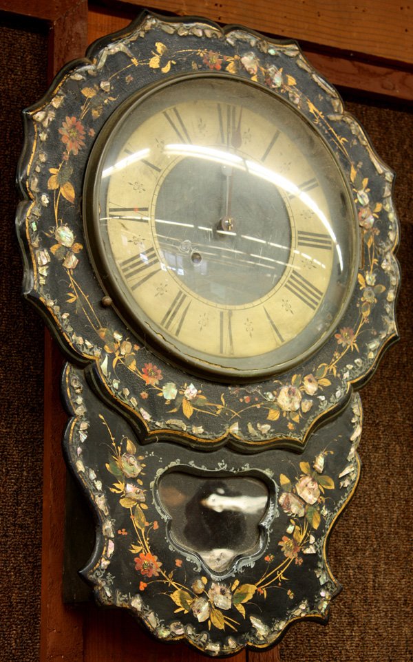 Napoleon III style wall clock: Napoleon III style Paper Mache wall clock circa 1860, the case with mother of pearl detail and floral polychrome decoration, lacking pendulum 25''h x 16''w x 5''d