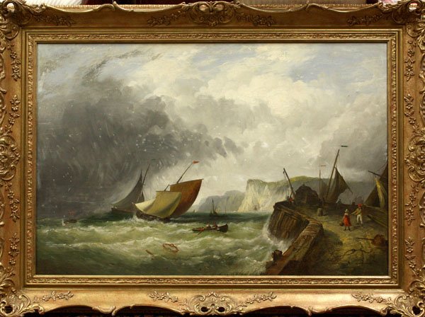 Painting, W. B. Stuart, Shipping off the Coast: Framed oil on canvas, ''Shipping off the Coast,'' 1856, signed and dated ''W. B. Stuart 1856'' lower right, label affixed verso, sight: 23.5''h x 35.25''w, overall: 31''h x 43''w