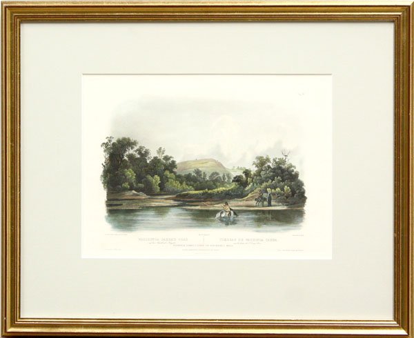 Print, Karl Bodmer, Washinga Sahba's Grave: Framed hand-colored engraving, ''Washinga Sahbas Grave on Blackbirds Hills'' Vignette XIL, after Karl Bodmer (American, 1809-1893), stamped, plate: 9''h x 12.5''w, overall: 17.75''h x 21.75''w