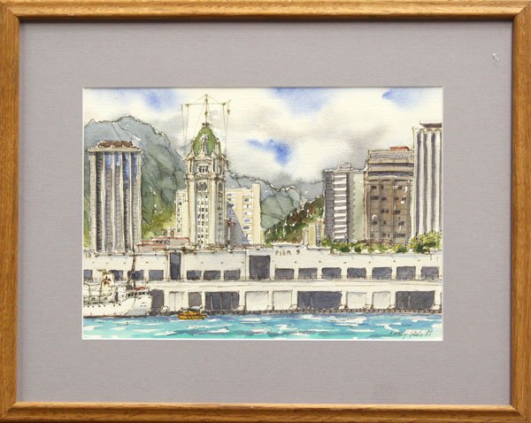 Watercolor, Nancy Poes, Aloha Tower - Pier 9: Framed watercolor, ''Aloha Tower Pier 9, Honolulu Hawaii,'' 1988, by Nancy Poes (American, Contemporary), signed and dated ''Nancy Poes '88'' lower right, inscribed and titled verso, sight: 9.25''h x 