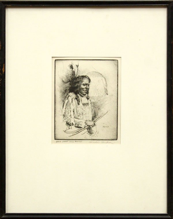 Print, Cornelius Cogswell Sampson, Bird Shirt: Framed etching, ''Bird Shirt Crow Warrior,'' by Cornelius Cogswell Sampson (Californian, 1907-1978), pencil signed ''Cornelius Sampson'' lower right, titled lower left, plate: 7''h x 5.375''w, overall