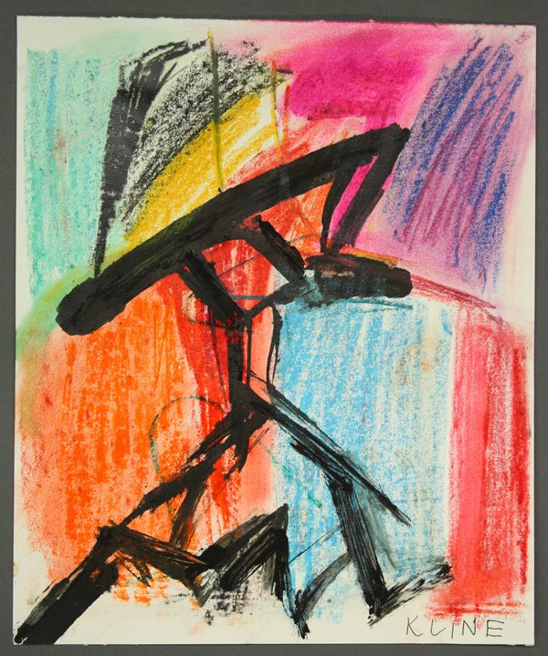 Mixed media, after Franz Kline and Jorn: (lot of 2) Unframed mixed media on paper, Untitled Abstract, after Franz Josef Kline (American, 1910-1962), bears signature (upside-down) "Kline" upper left, sheet: 14"h x 11.75"w; Unframed pen and in