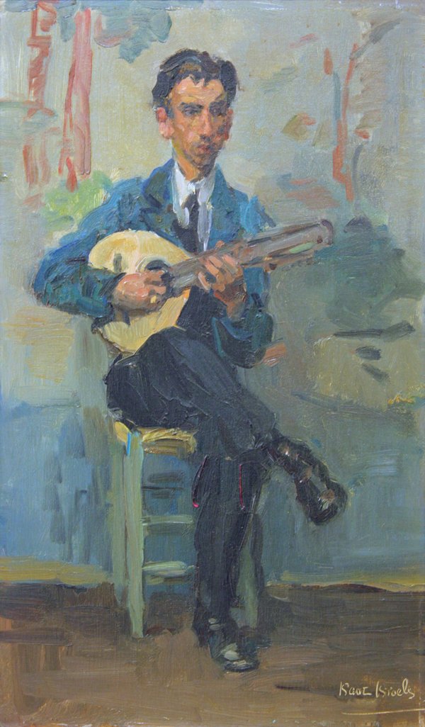 Painting, Isaac Israels, Man with a Mandolin: Framed oil on canvas, Man with a Mandolin, by Isaac Israels (Dutch, 1865-1934), signed ''Isaac Israels'' lower right, sight: 21''h x 12.5''w, overall: 26.75''h x 18''w. Provenance: Purchased in Hollan