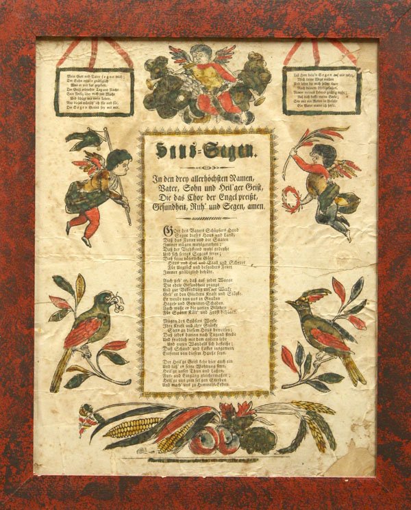 Framed hand colored Pennsylvania German fraktur: Framed hand colored Pennsylvania German fraktur, the decorative embellishments surrounding text and featuring angels bearing flag, wreath, and trumpet, with birds and harvest below, overall: 18.5''h x