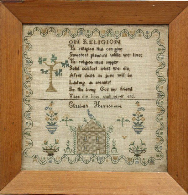 Framed needlework sampler: Framed needlework sampler by Elizabeth Harrison dated 1834, with trees, house and religious verse, 23''l x 23''w (stain to bottom right)