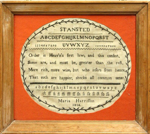 Framed needlework sampler: Framed needlework sampler by Maria Harrisson dated 1816, with Greek key detailing, laurel leaf border, alphabet and verse, 15''l x 16.5''w (some staining and loses)