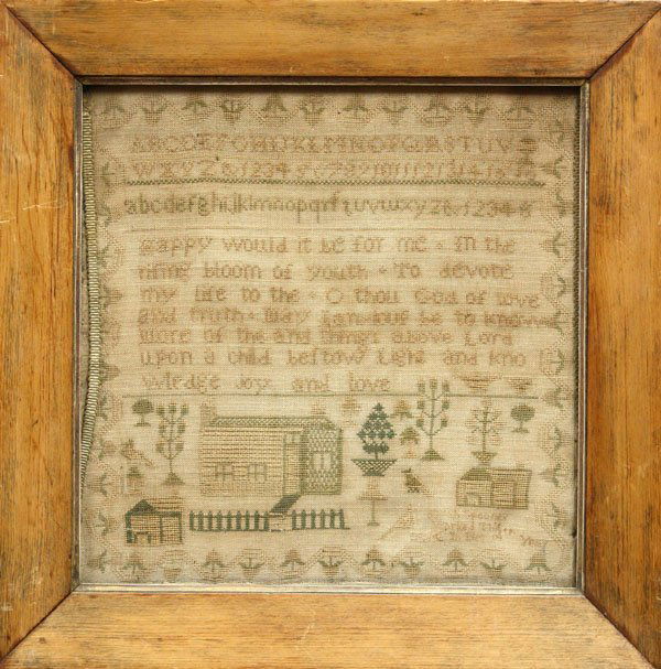 Framed needlework sampler: Framed needlework sampler by Sarah Spooner dated 1813, with a house and picket fence, trees, alphabet and verse, 21.5''l x 21.5''w (loose fabric trim border)