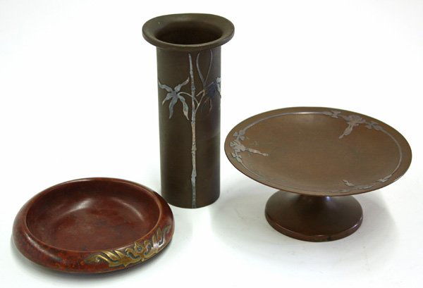 Heintz sterling on bronze art metal articles: (lot of 3) Heintz sterling on bronze art metal articles including a vase with a bamboo motif 6''h, a footed compote 6''w, and a Silvercrest low bowl 5''w, all with floral patterns, original finish